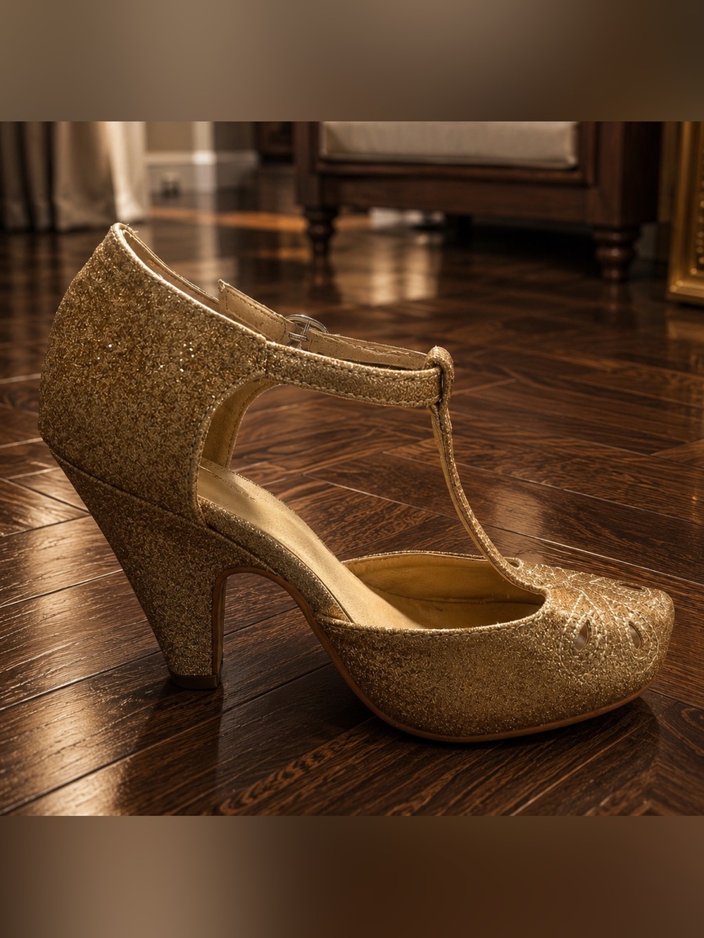 Gold T-Strap Glitter High Heel Women's Shoe